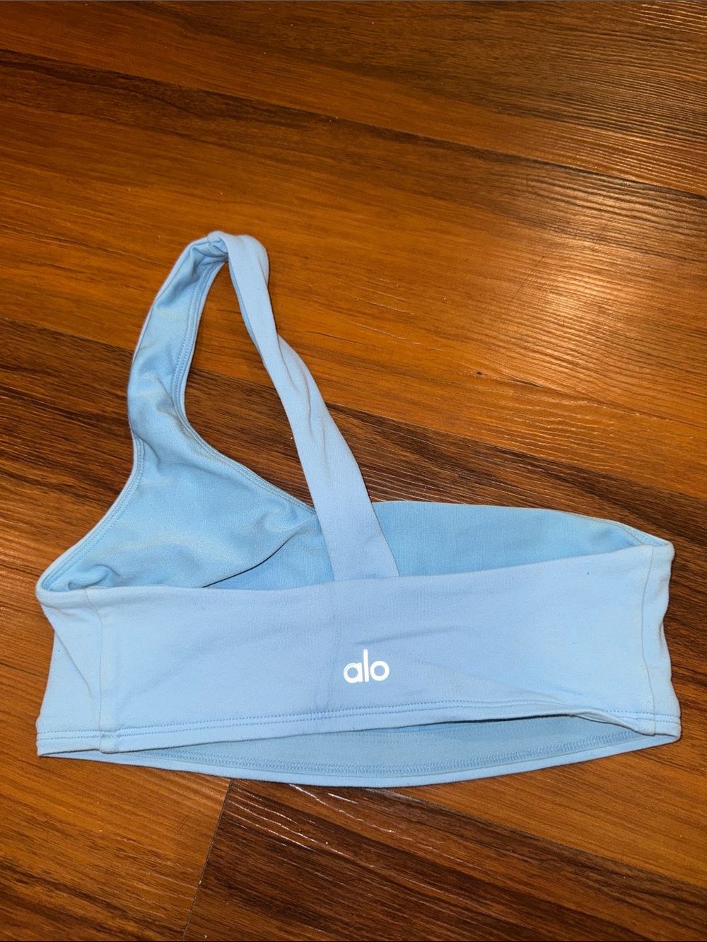 ALO Yoga Light Blue High-Rise Bike Shorts with Matching One-Shoulder Top - Picture 2 of 3